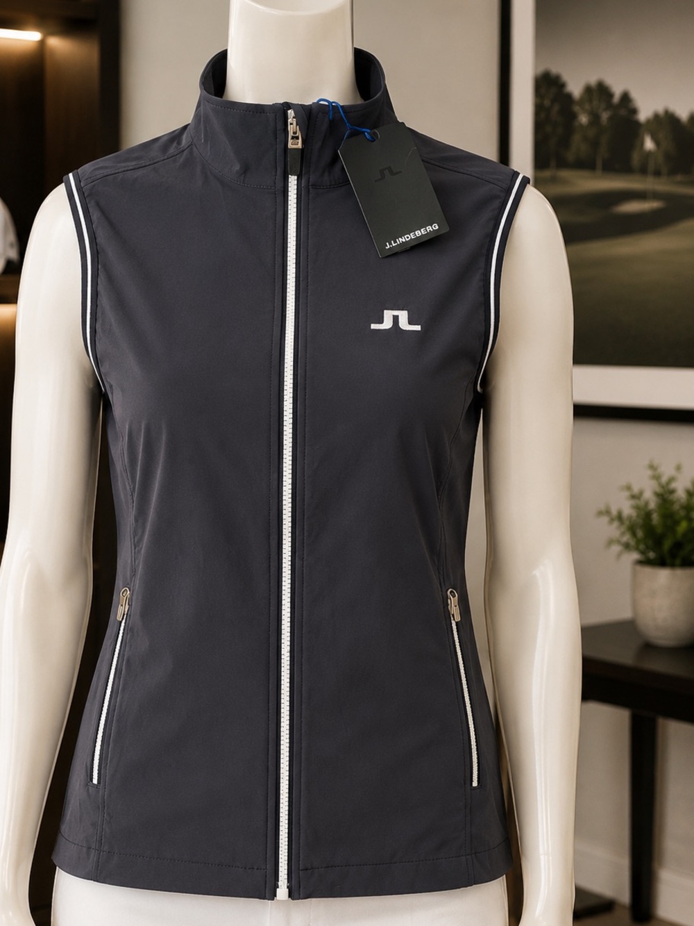 J.Lindeberg Black Sleeveless Zip Golf Vest with White Trim